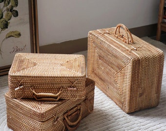 Rustic Woven Suitcase Box, Rattan Storage basket with Handle for Travel, Picnic Basket