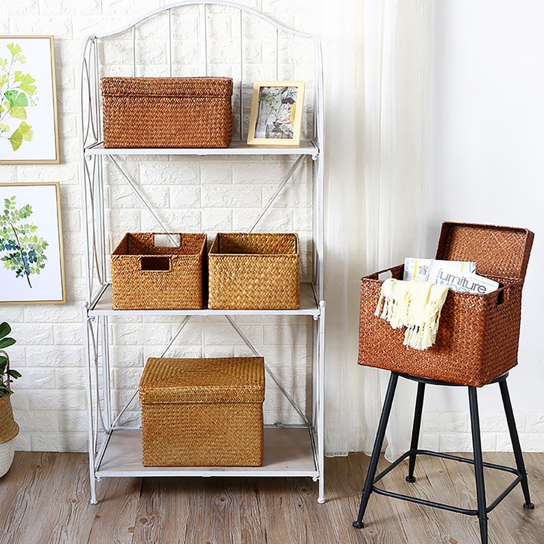 Straw Storage Basket With Handles Seagrass Woven Basket Etsy