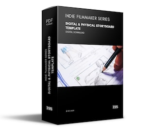 May include: Black box with white text that reads "Indie Filmmaker Series" and "Digital & Physical Storyboard Template". The box has a picture of a hand drawing on a storyboard template.
