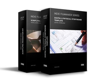 May include: Two black boxes with white text and images. The box on the left says "Indie Filmmaker Series Script/Pre-Production Kit" and the box on the right says "Indie Filmmaker Series Digital & Physical Storyboard Template".