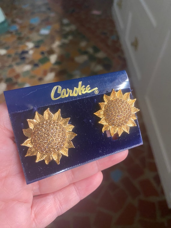 NOS Sunflower with Crystal Carolee Earrings - image 1