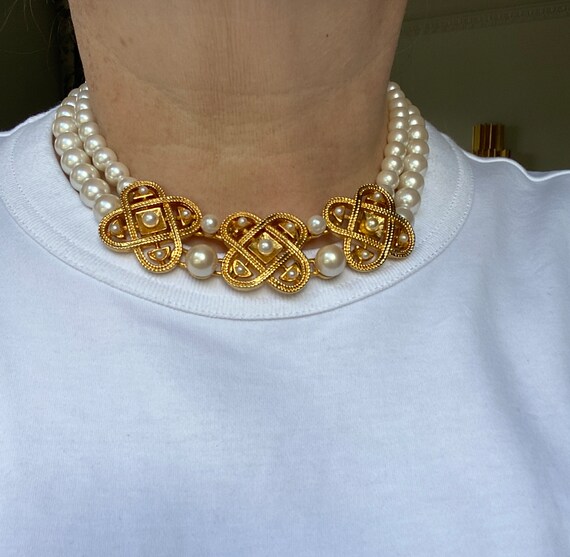 Vintage Faux Pearl and Gold Tone Double Choker Ne… - image 3