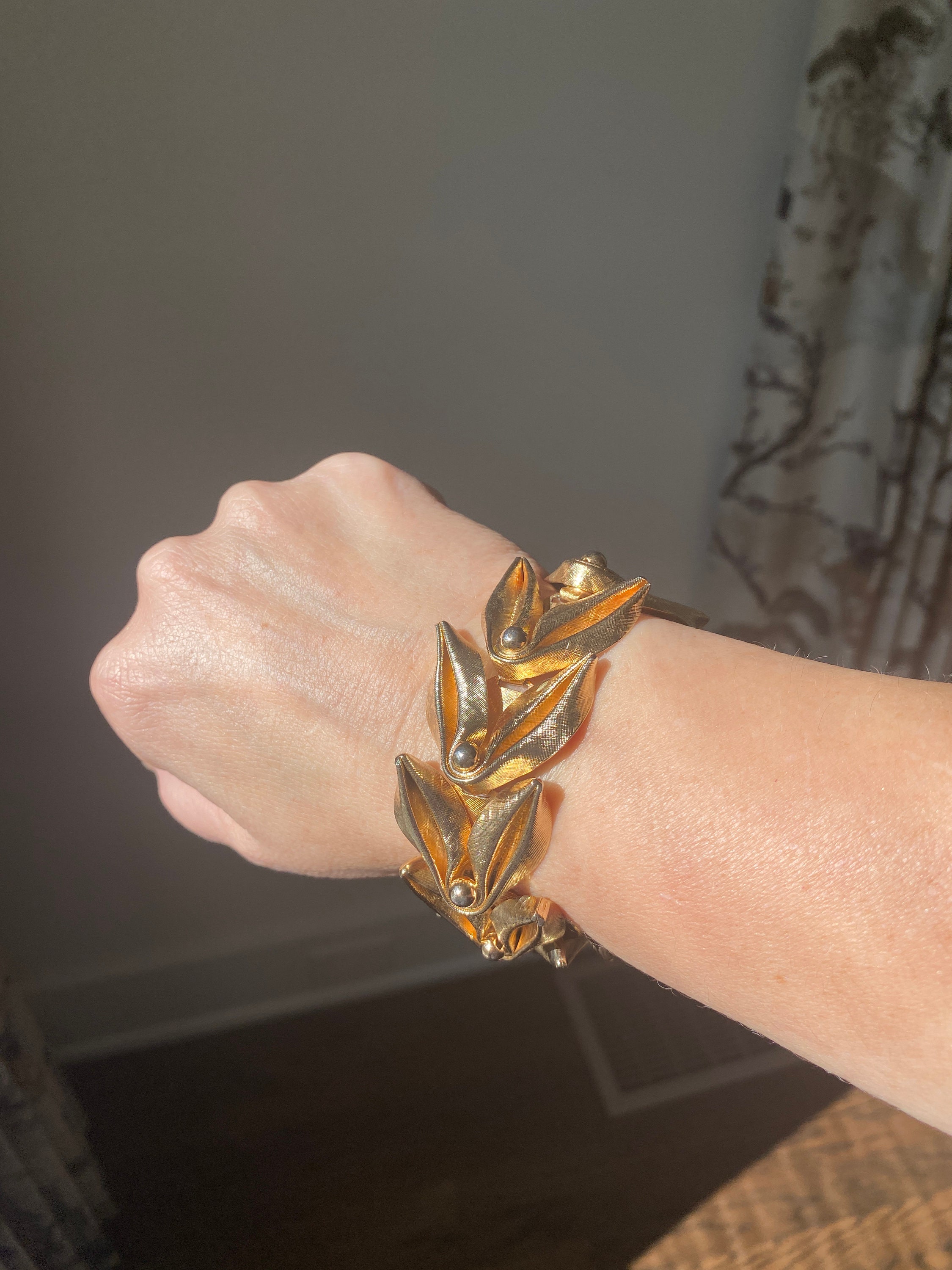 Vintage 1950’s leaf motif bracelet Vintage MCM 1960's Crown Napier Leaf Statement Gold Plated