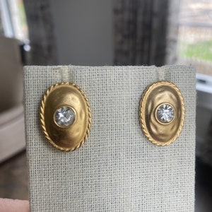 Vintage Hammered Gold Tone Earrings with Large Crystal