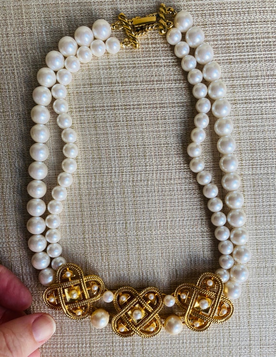 Vintage Faux Pearl and Gold Tone Double Choker Ne… - image 2