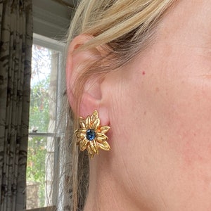 Vintage Krementz Gold Plated Flower Earrings with Blue Crystal Center