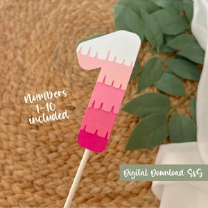 May include: Pink and white layered number one cake topper with a white stick. Numbers 1-10 included. Digital download SVG.