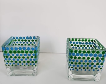 2-Set Cube Candle Holder // Glass dot art//