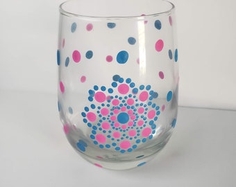 Pink and blue wine lover home decor | glassware wine tumbler with flower | stemles wine glass with decorative polka-dots