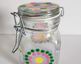 Hand-painted jar with latch // glass dot art //