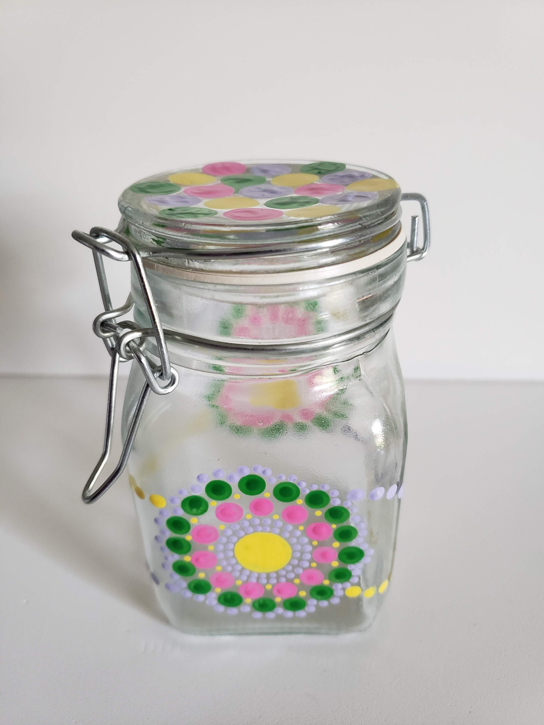 Handpainted jar with latch // glass dot art // Etsy