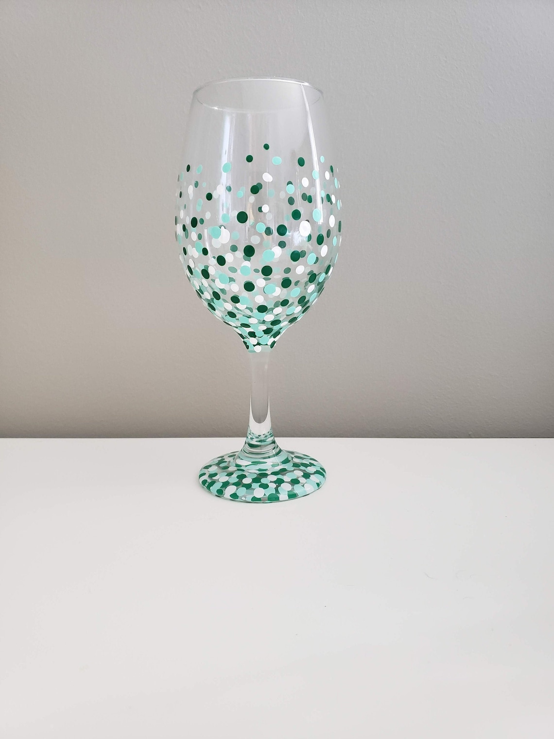 Green Dotted Stemless Wine Glass Handmade Glassware for Table Decor