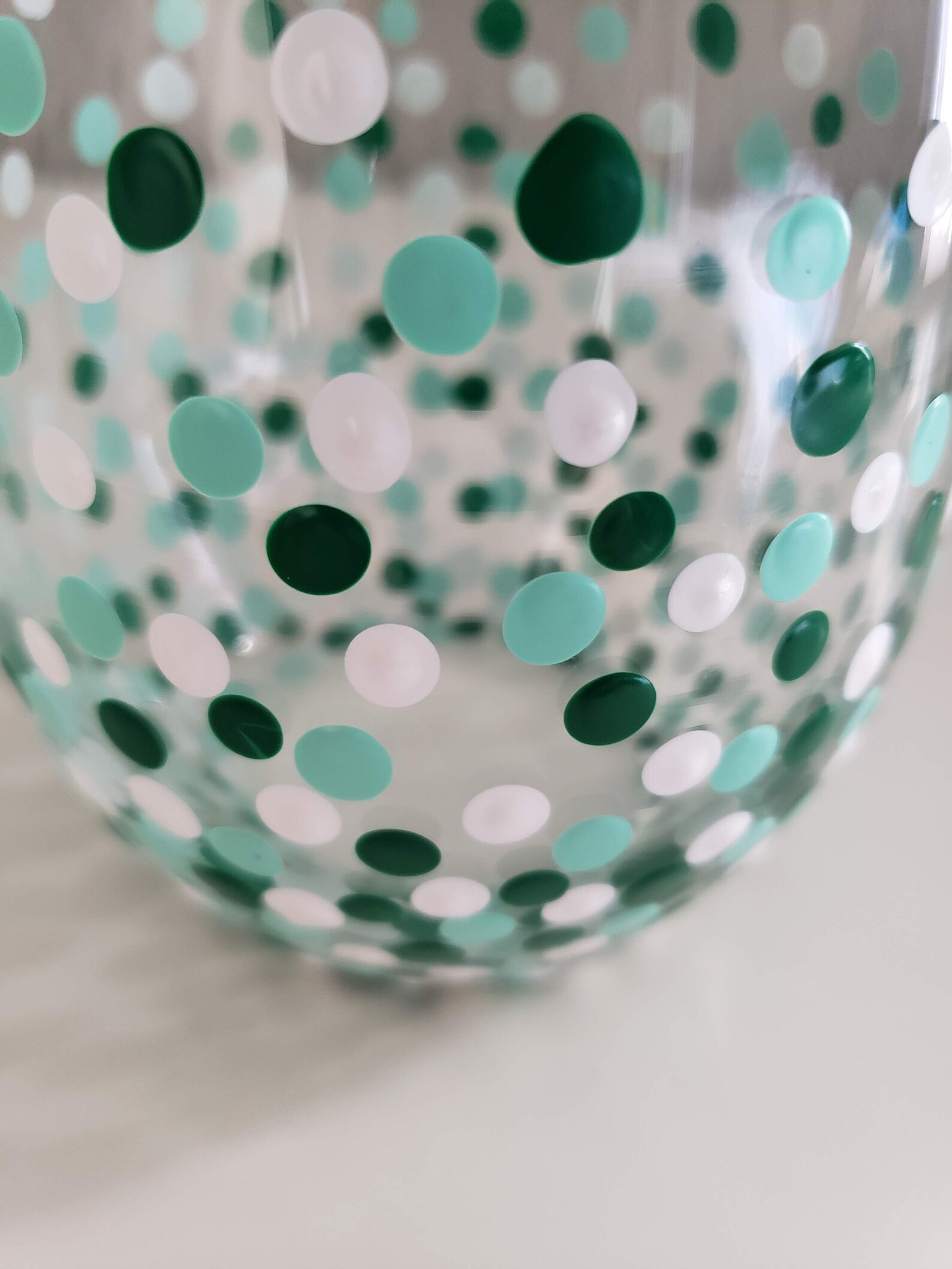 Green Dotted Stemless Wine Glass Handmade Glassware for Table Decor