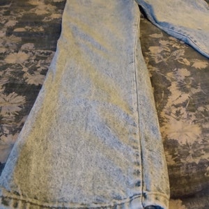 RARE 1980s 90s Vintage Acid Blue Stone wash Rustler Wrangler 38 x 32 Jeans Hippie Rockstar 8 Flare Bell Bottoms Mint Van Halen image 3