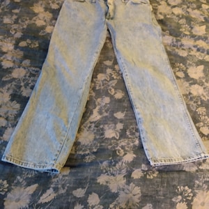 RARE 1980s 90s Vintage Acid Blue Stone wash Rustler Wrangler 38 x 32 Jeans Hippie Rockstar 8 Flare Bell Bottoms Mint Van Halen image 1