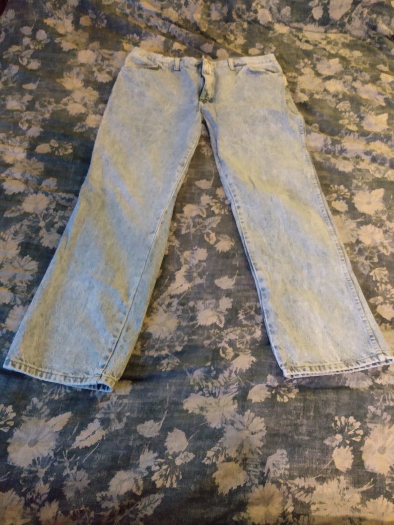 RARE 1980s 90s Vintage Acid Blue Stone wash Rustler Wrangler 38 x 32 Jeans Hippie Rockstar 8 Flare Bell Bottoms Mint Van Halen image 1