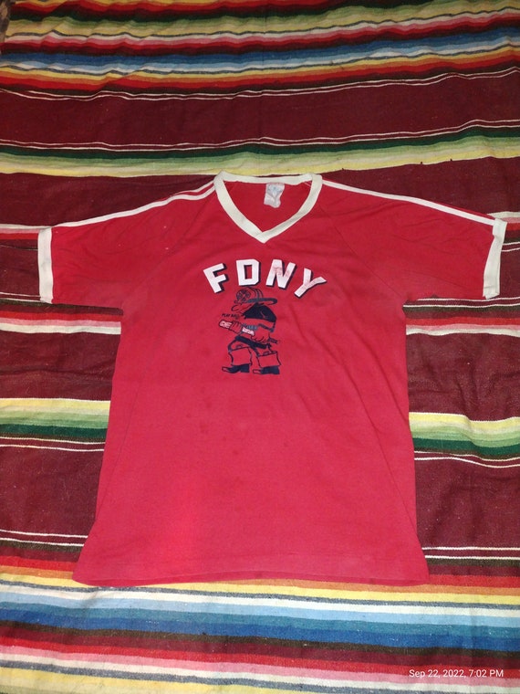 Vintage 70s FDNY Firefighter Red Ringer Tee XL T … - image 4