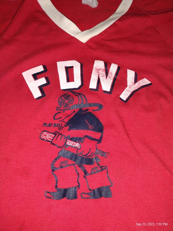 Vintage 70s FDNY Firefighter Red Ringer Tee XL T … - image 3