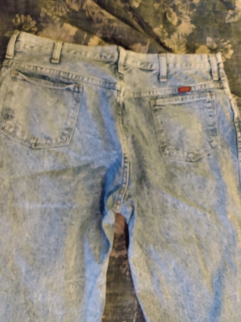 RARE 1980s 90s Vintage Acid Blue Stone wash Rustler Wrangler 38 x 32 Jeans Hippie Rockstar 8 Flare Bell Bottoms Mint Van Halen image 5