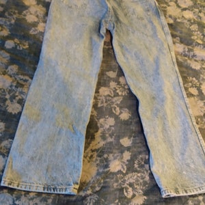 RARE 1980s 90s Vintage Acid Blue Stone wash Rustler Wrangler 38 x 32 Jeans Hippie Rockstar 8 Flare Bell Bottoms Mint Van Halen image 4