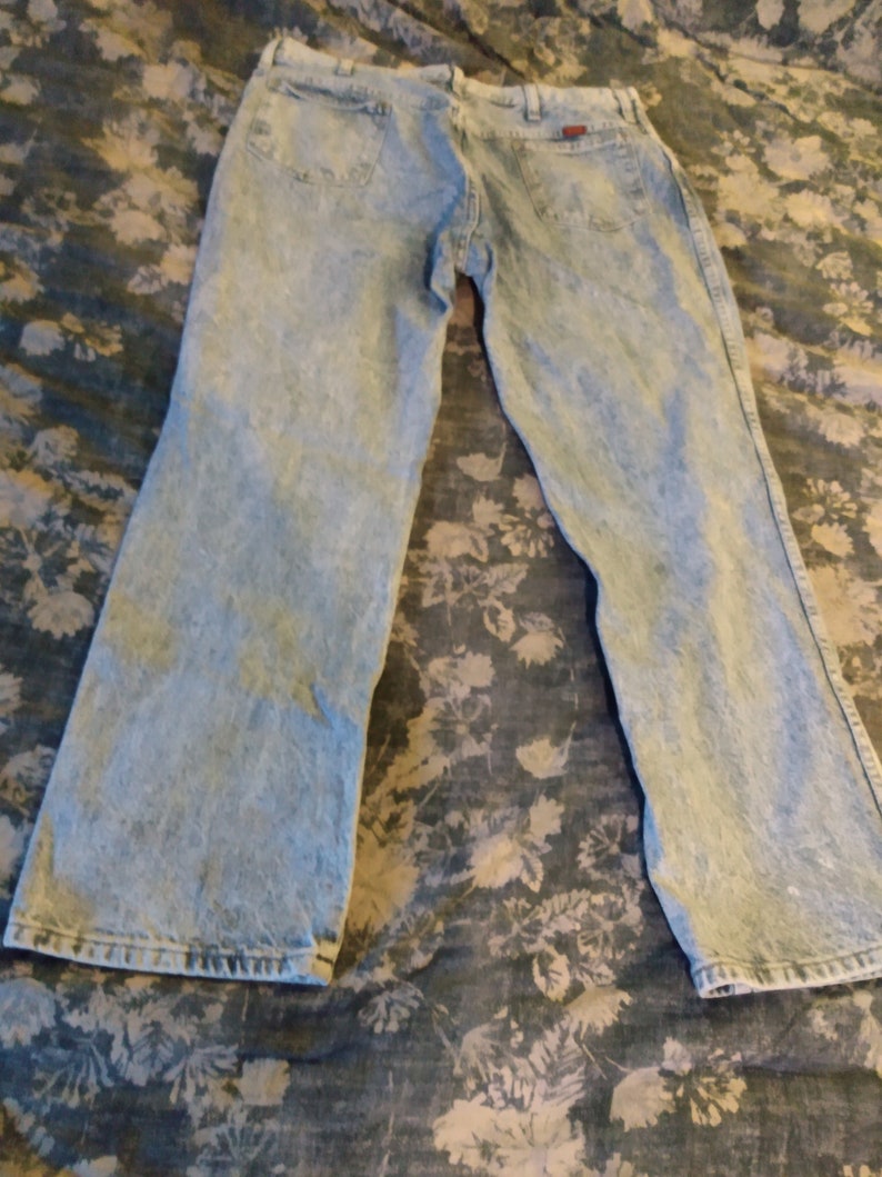 RARE 1980s 90s Vintage Acid Blue Stone wash Rustler Wrangler 38 x 32 Jeans Hippie Rockstar 8 Flare Bell Bottoms Mint Van Halen image 4