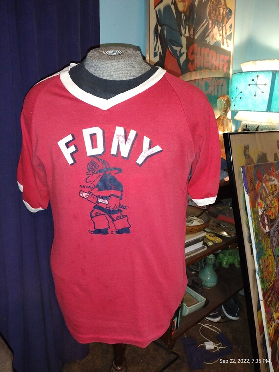 Vintage 70s FDNY Firefighter Red Ringer Tee XL T … - image 1