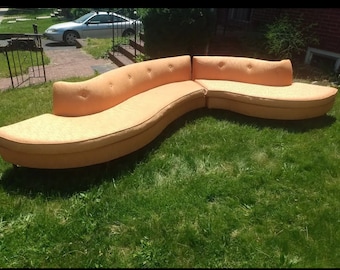 1950s Mid Century Original Orange Textured Serpentine Sofa Space Age Atomic Snake Couch Playboy