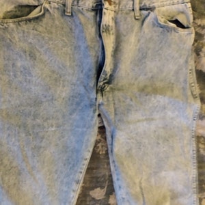 RARE 1980s 90s Vintage Acid Blue Stone wash Rustler Wrangler 38 x 32 Jeans Hippie Rockstar 8 Flare Bell Bottoms Mint Van Halen image 2