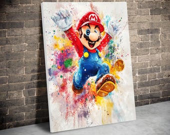 Super Mario Watercolor Canvas Art, Vibrant Video Game Poster