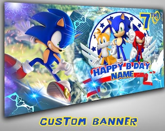 May include: A blue Sonic the Hedgehog birthday banner with a red and yellow character in the background. The banner says "Happy B-Day Name" and "7th".