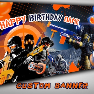 May include: A custom birthday banner featuring a blue and orange color scheme with a target, guns, and the text "Happy Birthday Name".