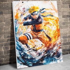 May include: A watercolor painting of a character from the anime Naruto. The character is in mid-air, surrounded by orange and blue watercolors. The character is wearing an orange and black outfit with a headband.