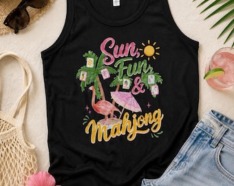 Mahjong-Tanktop, Sonnenspaß & Mahjong, Mahjong-Flamingo-Shirt, Bird Bam, Mahjong-Geschenke, Sommer-Mahjong, Mahjong-Club