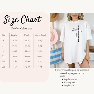 May include: Size chart for a white t-shirt with measurements in inches for length, width, and sleeve length. The chart shows sizes S through 3XL. The text "Comfort Colors 1717" is at the top of the chart. A model is wearing the t-shirt and the measurements are marked on the shirt.