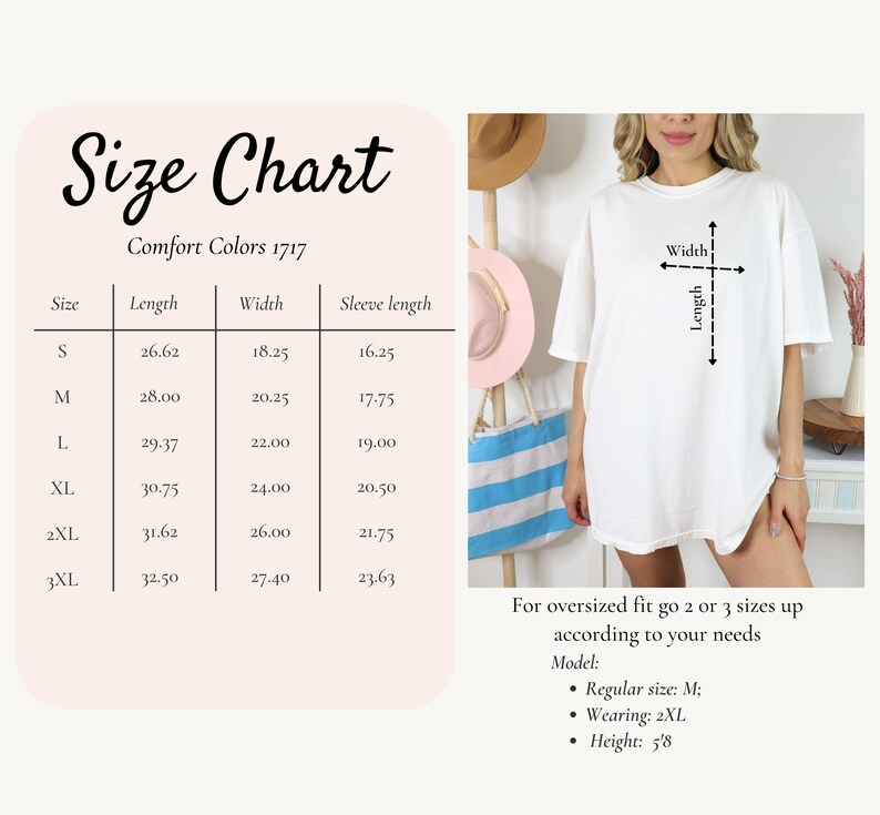 May include: Size chart for a white t-shirt with measurements in inches for length, width, and sleeve length. The chart shows sizes S through 3XL. The text "Comfort Colors 1717" is at the top of the chart. A model is wearing the t-shirt and the measurements are marked on the shirt.