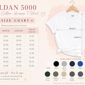 Puede incluir: Una tabla de tallas para camiseta unisex Gildan 5000 de algod&oacute;n pesado que muestra medidas de ancho, largo y largo de manga en pulgadas para tallas de S a 5XL. El gr&aacute;fico incluye una camiseta blanca en una percha y muestras de colores.