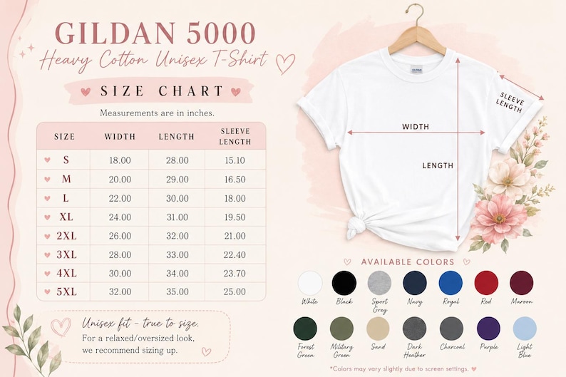 Puede incluir: Una tabla de tallas para camiseta unisex Gildan 5000 de algod&oacute;n pesado que muestra medidas de ancho, largo y largo de manga en pulgadas para tallas de S a 5XL. El gr&aacute;fico incluye una camiseta blanca en una percha y muestras de colores.