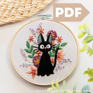 Anime Cat Floral Embroidery Pattern | Flowers | Manga | Hand Embroidery | Needlepoint | PDF | Digital Download | Anime Embroidery