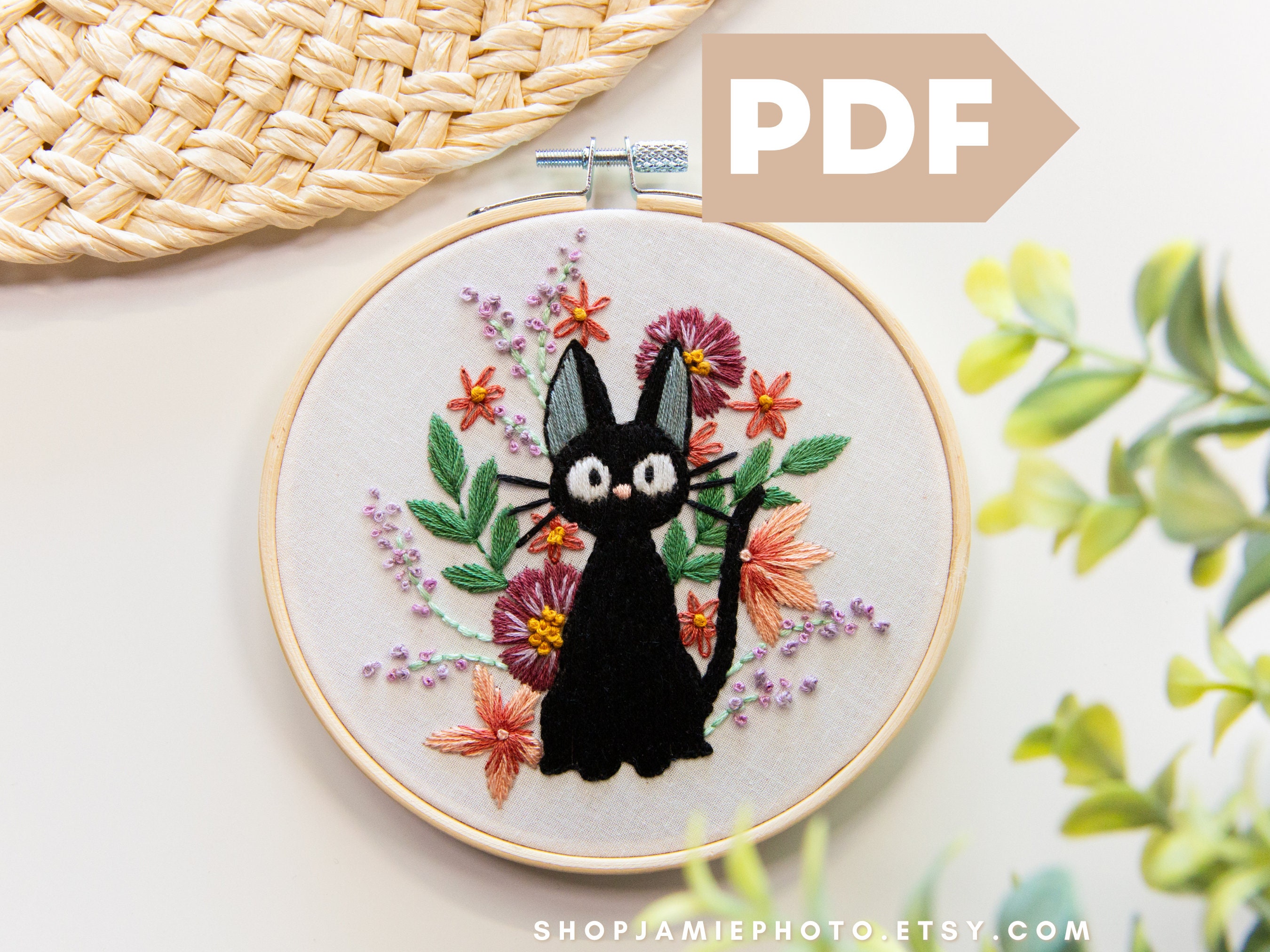 Anime Cat Floral Embroidery Pattern: Jiji Kiki's Delivery Service