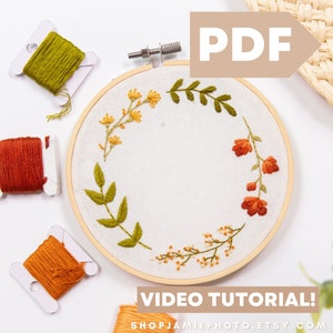 Beginners Floral Embroidery Pattern | Floral Wreath Design | Fall Design | Greenery Hand Embroidery Hoop | PDF + Video Guide