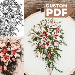 Wedding Bouquet Embroidery Pattern | Custom Embroidery Pattern | Wedding Floral Custom Design | Wedding Date Hand Embroidery | Personalized