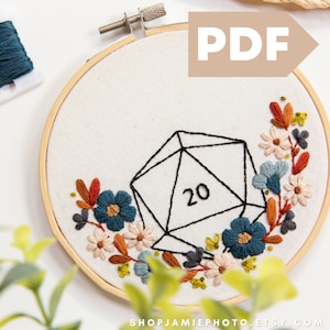 DND Floral D20 Embroidery Design | RPG Embroidery Pattern | Dice Set | Dungeons & Dragons | Baldur&#39;s Gate 3 | Geeky Gifts Needlework | BG3