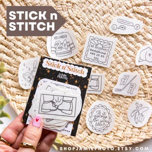 May include: A collection of Stick n Stitch embroidery stabilizer sheets featuring various black line art designs including a hockey jersey with the number 24, a peach, a banana, and text that reads He deserves sunshine and so do you.