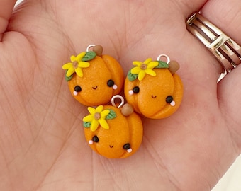 Sunflower Pumpkin Kawaii Charm- Polymer Clay Charm- Stitch Marker