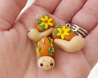 Orange Sunflower Snail Kawaii Charm- Polymer Clay Charm- Stitch Marker