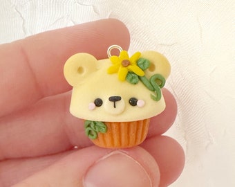 Sunflower Bear Cupcake Charm- Kawaii Polymer Clay Charm