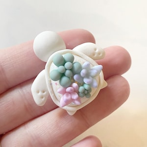 May include: A handcrafted, off-white turtle figurine with a shell adorned with pastel-colored succulent flowers. The turtle's head and flippers are smooth, while the shell features a textured border and the miniature succulents in shades of green, lavender, and pink.