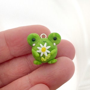 Frog Holding A Daisy Clay Charm- Polymer Clay Charm- Stitch Marker