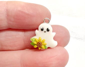 Sunflower Ghost Glow In The Dark Kawaii Charm- Polymer Clay Charm- Stitch Marker