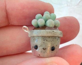 Könnte beinhalten: Ein Miniatur-Sukkulenten-Anhänger in einem gesprenkelten grauen Topf mit einem lächelnden Gesicht. Die Sukkulente hat hellgrüne, runde Blätter. Der Anhänger hat eine Silberschlaufe zum Befestigen.